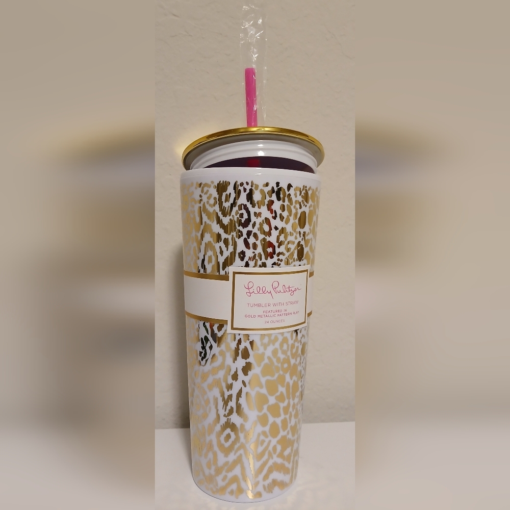 NWT Lilly Pulitzer Gold Leopard Tumbler‎ With Straw - Picture 2 of 10